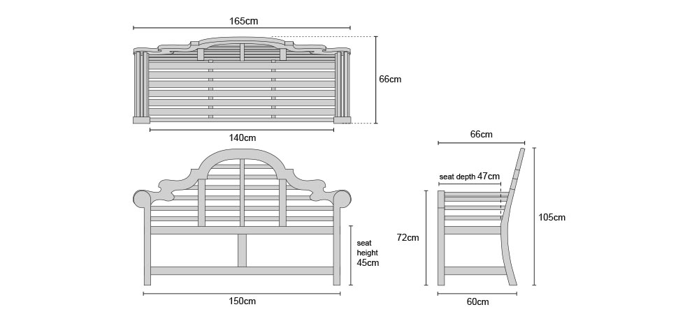 Lutyens Teak Bench 1.65m - Dimensions